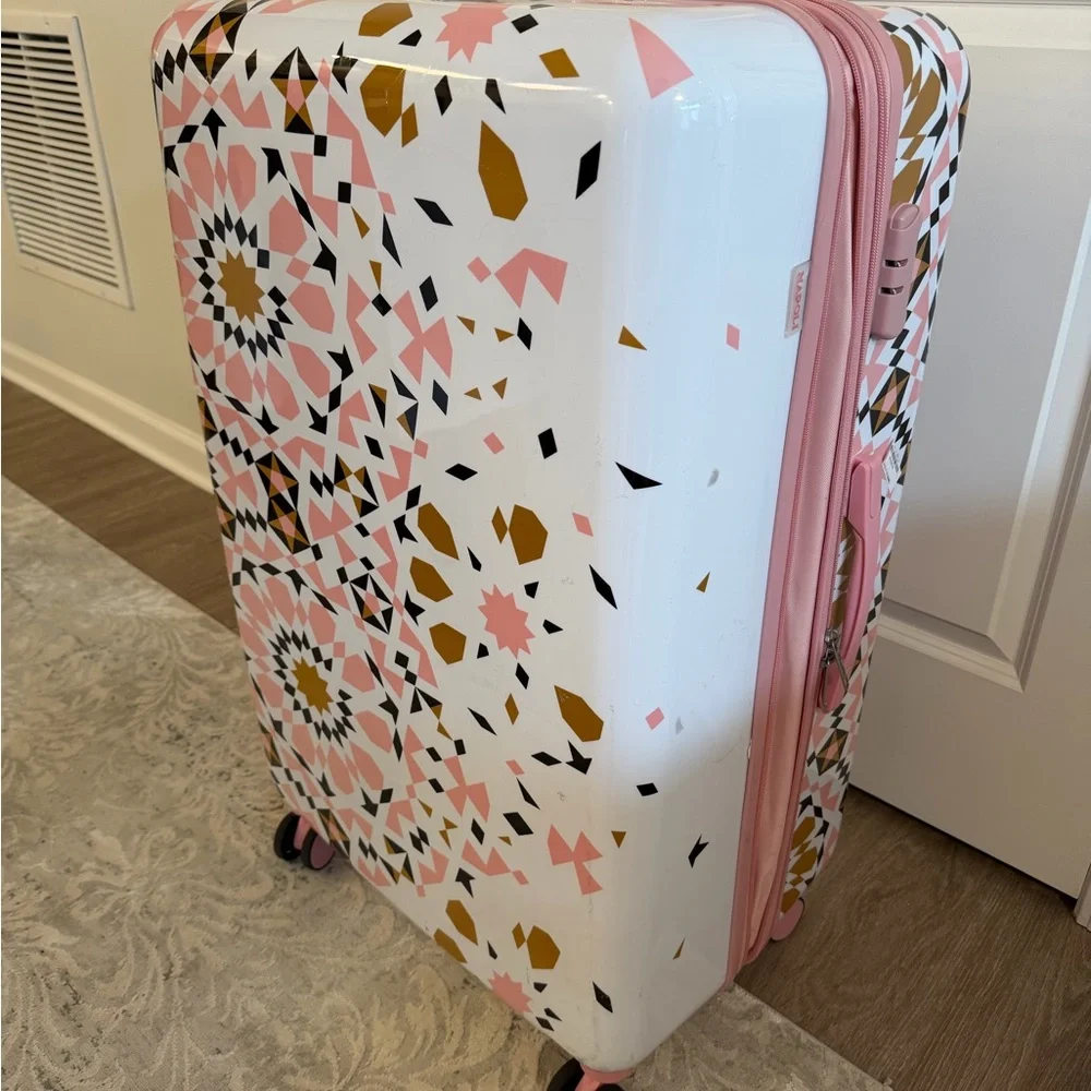 Geometric Patterned Pink and Gold Suitcase